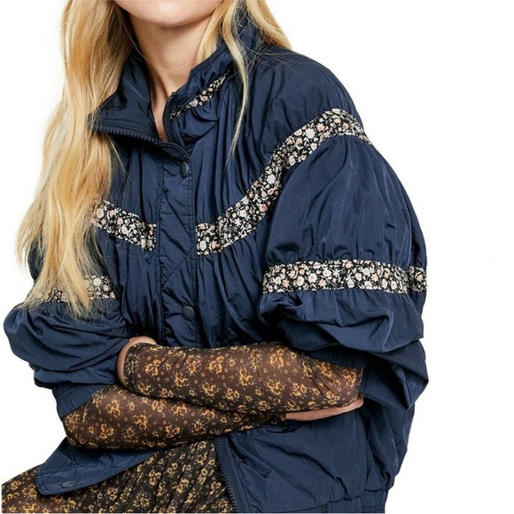 Free People Navy Floral-Trim Jacket - Picture 2 of 5